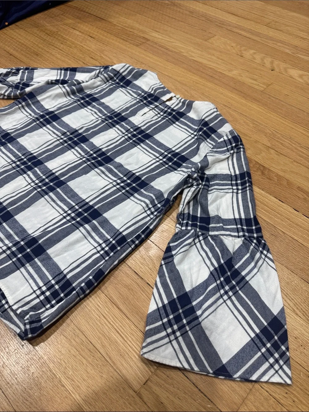 J. Crew White and Navy Plaid Bell-Sleeve Blouse